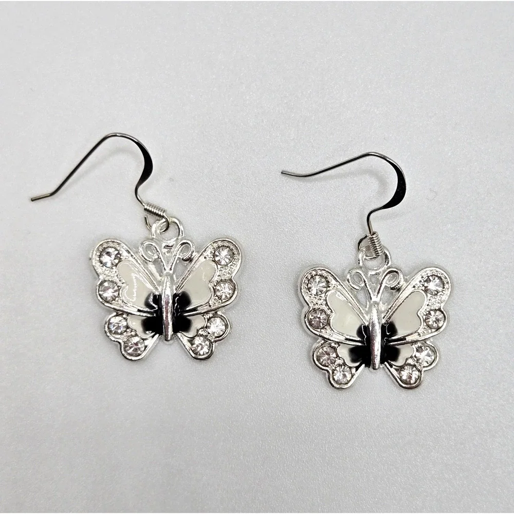 Butterfly Earrings Red White Rhinestone Silvertone Pierced Cute Whimsy Lot Of 2